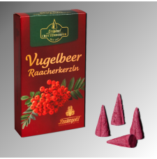 Räucherkerzen Vugelbeer mit Beerenmotiv und roten Duftkegeln.