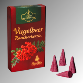 Räucherkerzen Vugelbeer mit Beerenmotiv und roten Duftkegeln.