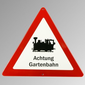 Emailleschild "Achtung Gartenbahn"