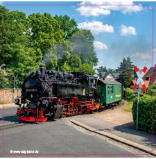 Aufkleber Set, 6-teilig, bunte Fotografie von Lok der Lößnitzgrundbahn auf Bahnübergang