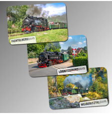 Magnet-Set mit Dampflok-Motiven der Fichtelbergbahn, Lößnitzgrundbahn und Weißeritztalbahn. 55 x 85 mm