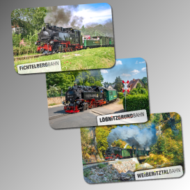 Magnet-Set mit Dampflok-Motiven der Fichtelbergbahn, Lößnitzgrundbahn und Weißeritztalbahn. 55 x 85 mm