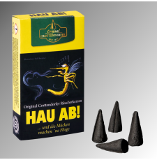 Räucherkerzen „Hau ab!“ mit Laternenmotiv und schwarzen Duftkegeln.
