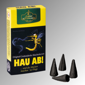 Räucherkerzen „Hau ab!“ mit Laternenmotiv und schwarzen Duftkegeln.