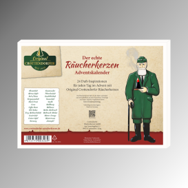 Adventskalender „Der edle Räucherkerzen Adventskalender“ mit winterlichem Motiv. Querformat Rückseite