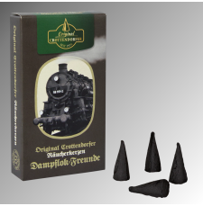 Räucherkerzen „Dampfromantik“ mit Dampflok-Motiv und schwarzen Duftkegeln.