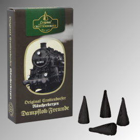 Räucherkerzen „Dampfromantik“ mit Dampflok-Motiv und schwarzen Duftkegeln.