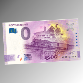 0 € Souvenirschein der Fichtelbergbahn mit Dampflok-Motiv 130 Jahre und SDG-Logo.