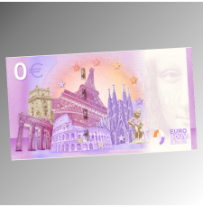 Rückseite des Souvenirscheins der Fichtelbergbahn mit europäischen Sehenswürdigkeiten.