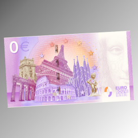 Rückseite des Souvenirscheins der Fichtelbergbahn mit europäischen Sehenswürdigkeiten.