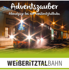 Adventsfahrten Weißeritztalbahn - Symbolbild: Winterliche Dampflokfahrt der Weißeritztalbahn mit Schriftzug „Adventszauber“.
