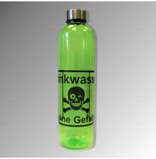 Grüne halbtransparente Trinkflasche mit Totenkopf-Aufdruck "Trinkwasser - keine Gefahr!"